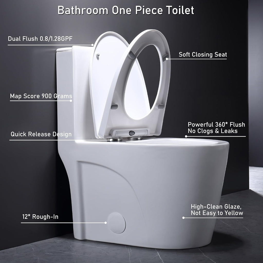 One Piece Toilet, Elongated One-Piece Toilet for Bathrooms, Dual Power Flush Toilet 1.1/1.6 GPF and MAP 900g, Soft Close, Durable Ceramic, Easy-to-Clean Surface (White)