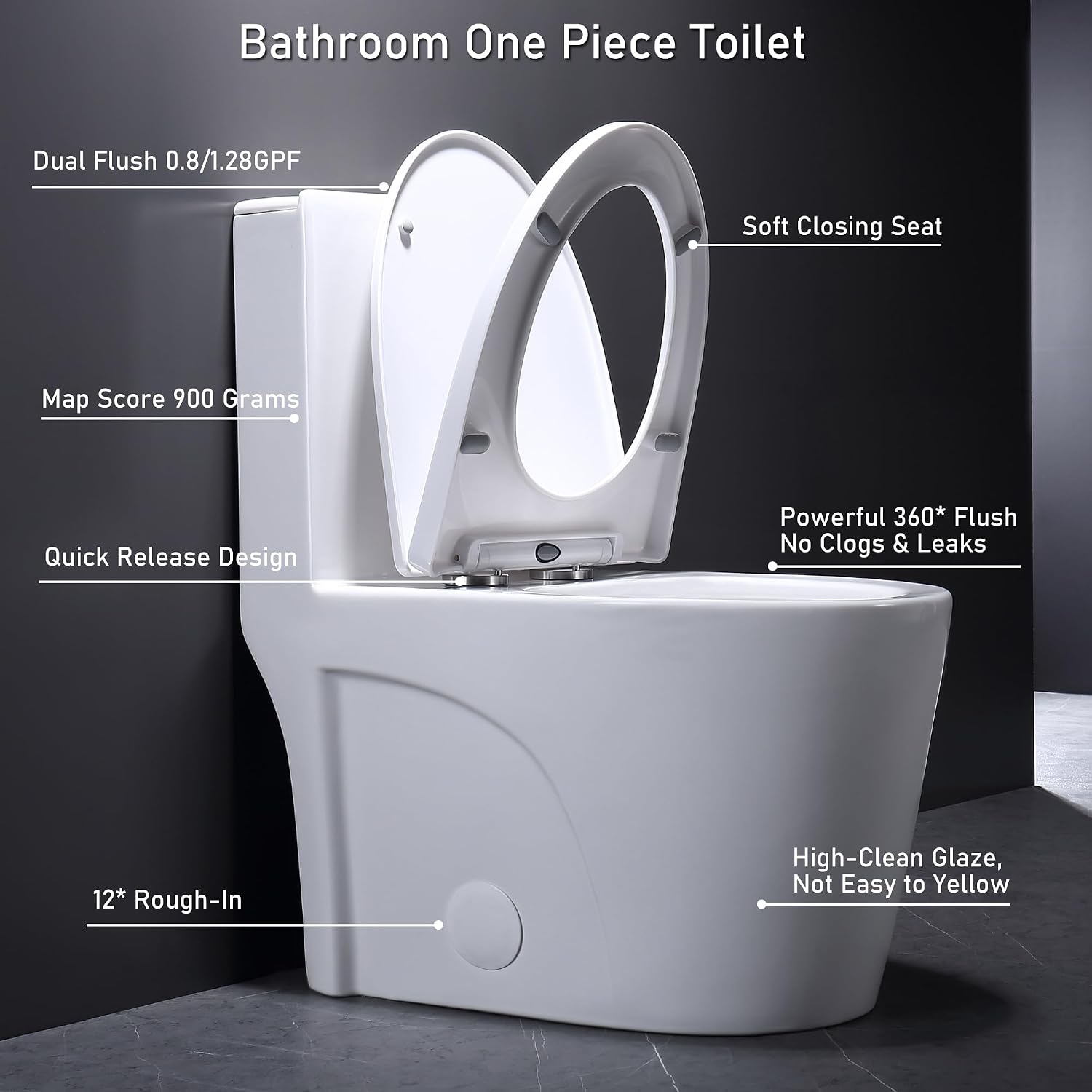 One Piece Toilet, Elongated One-Piece Toilet for Bathrooms, Dual Power Flush Toilet 1.1/1.6 GPF and MAP 900g, Soft Close, Durable Ceramic, Easy-to-Clean Surface (White)