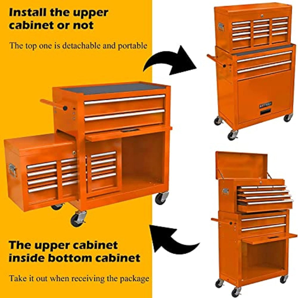 Campfun Rolling Tool Chest with Wheels, 8-Drawer Tool Box Organizer Tool Cabinet, Detachable Large Tool Cabinet with Lock, Mechanic Tool Cart High Capacity Tool Storage Cabinet, Orange