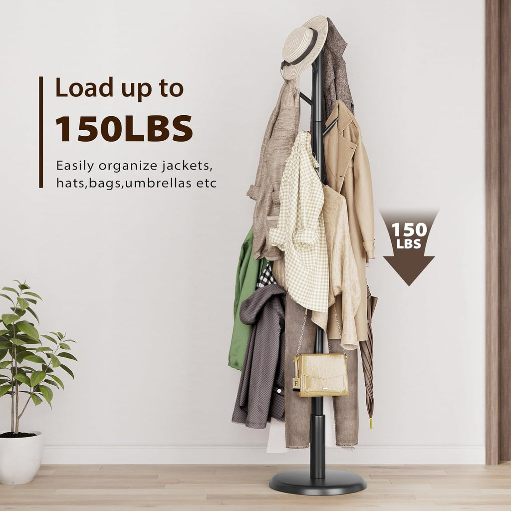 Taitiy Solid Wood Coat Rack Freestanding Coat Tree with 10 Hooks for Bedroom, Livingroom, Entryway, Sturdy Coat Hanger Stand for Hats, Coats, Scarves, Handbags, Purses