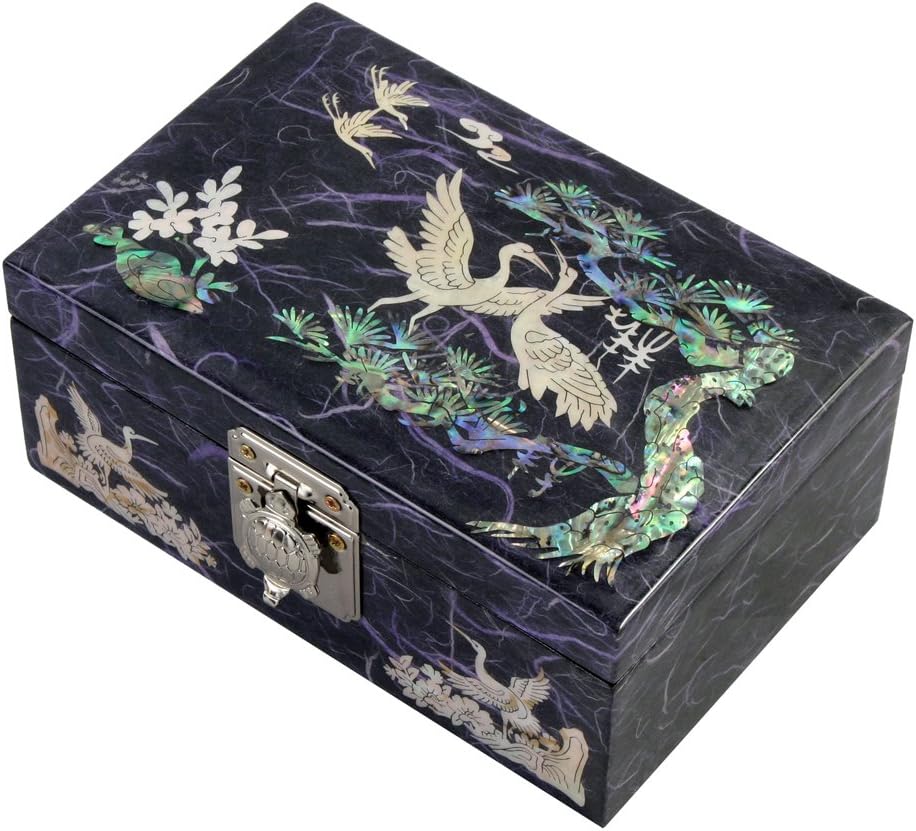 Antique Alive Mother of Pearl Inlay Design Jewelry Box, Wood Jewelry Box, Trinket Case, Keepsake Treasure Chest Box Organizer Holder (Crane Pine Purple)