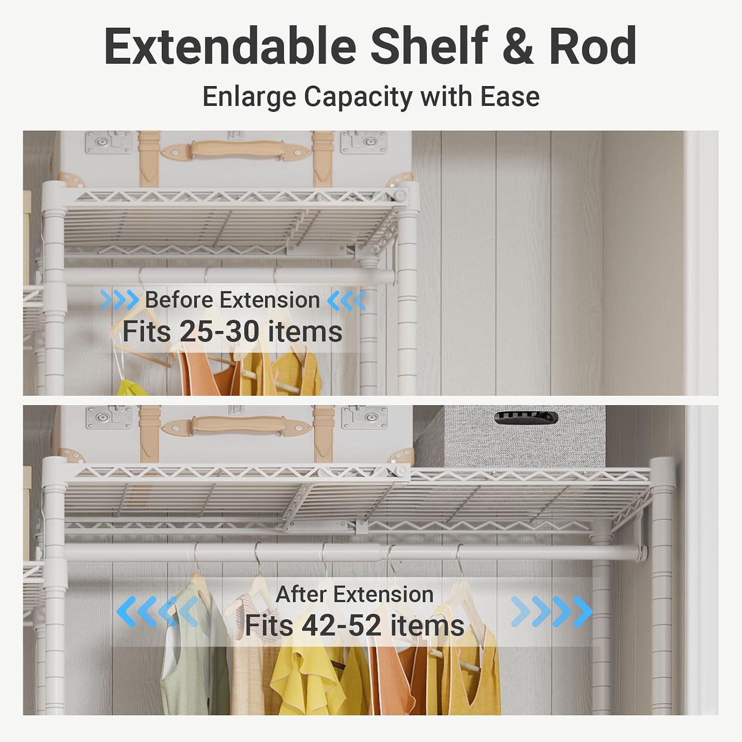 VIPEK X3 Plus Large Expandable Closet Rack Adjustable from 5'10' to 8'8' with Extendable Shelves and Hanger Rods, Freestanding Clothing Racks Modular Closet Systems Wardrobe, Max Load 1360LBS, White