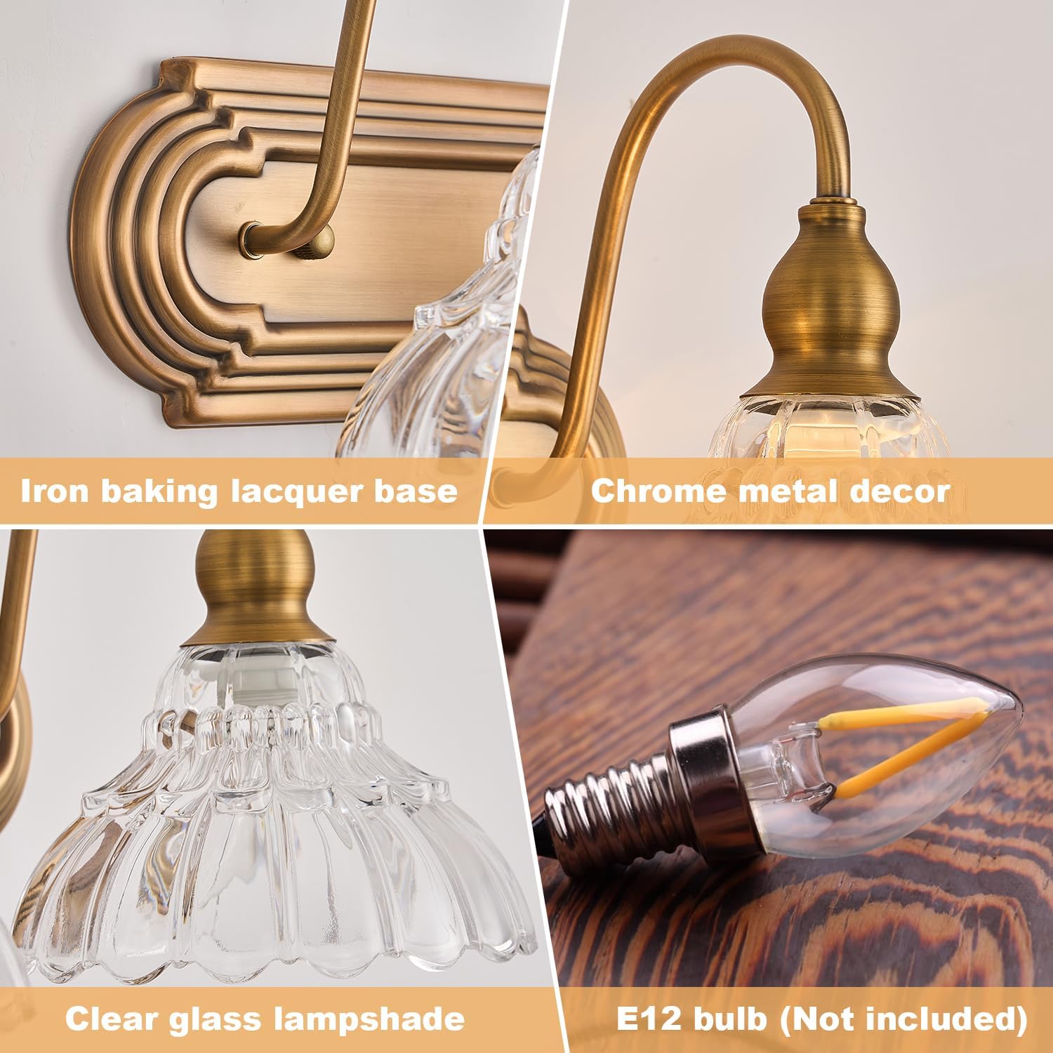 Vintage 2-Light Bathroom Vanity Light Wall Sconce Gold Wall Light Made of Metal Body and Pressed Patterned Glass Retro Vanity Light for Bedroom, Bathroom, Farmhouse, Hallway