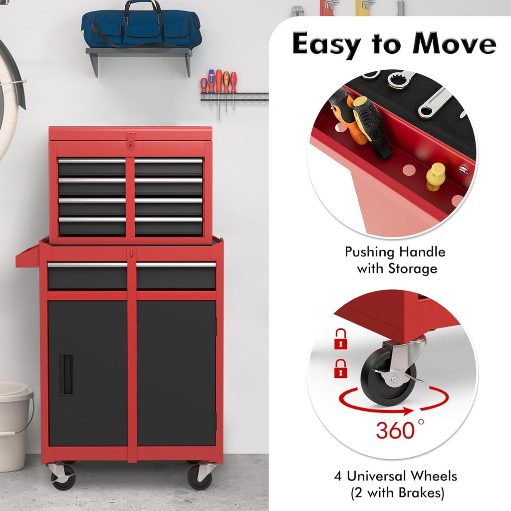IRONMAX 5-Drawer Rolling Tool Chest, 2-in-1 Detachable Heavy Duty Tool Box Storage Cabinet with Auto Lock, Adjustable Shelf & Hooks, Metal Toolbox on Wheels for Garage Workshop (Black & Red)