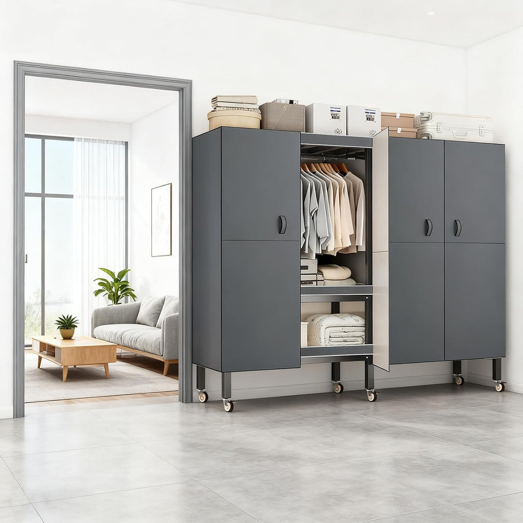 Foldable Portable Armoire Wardrobe Closet for Hanging Clothes Rack, Heavy Duty Covered Clothes Rack with Cover(HARDBOARD Magnetic), Closet Garment Rack for Bedroom Storage (KT Grey, 59.05in)