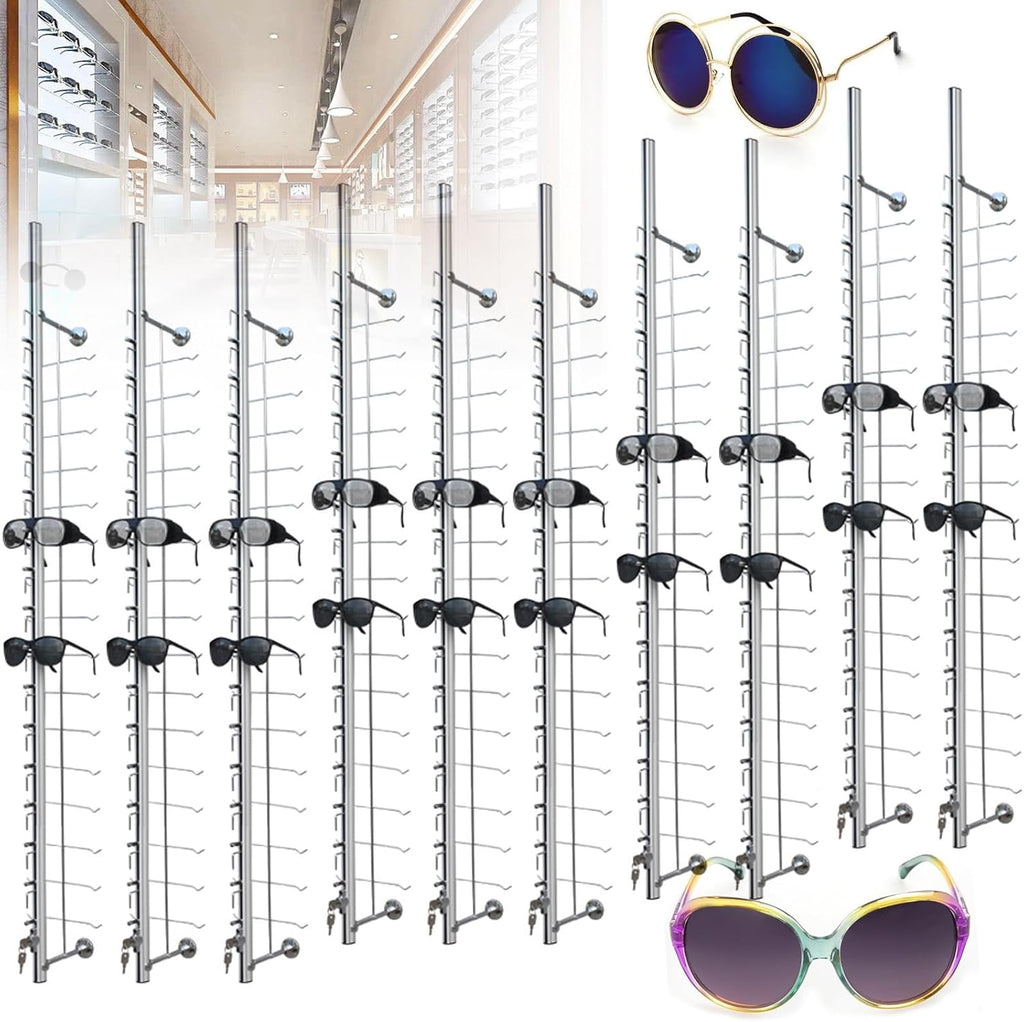 Eyeglass Display Racks Lockable Sunglasses Glasses Organizer Wall Mount Storage Stand - Aluminium Frame Holder, Set of 10 (4.5ft, Holds 16 Frames)