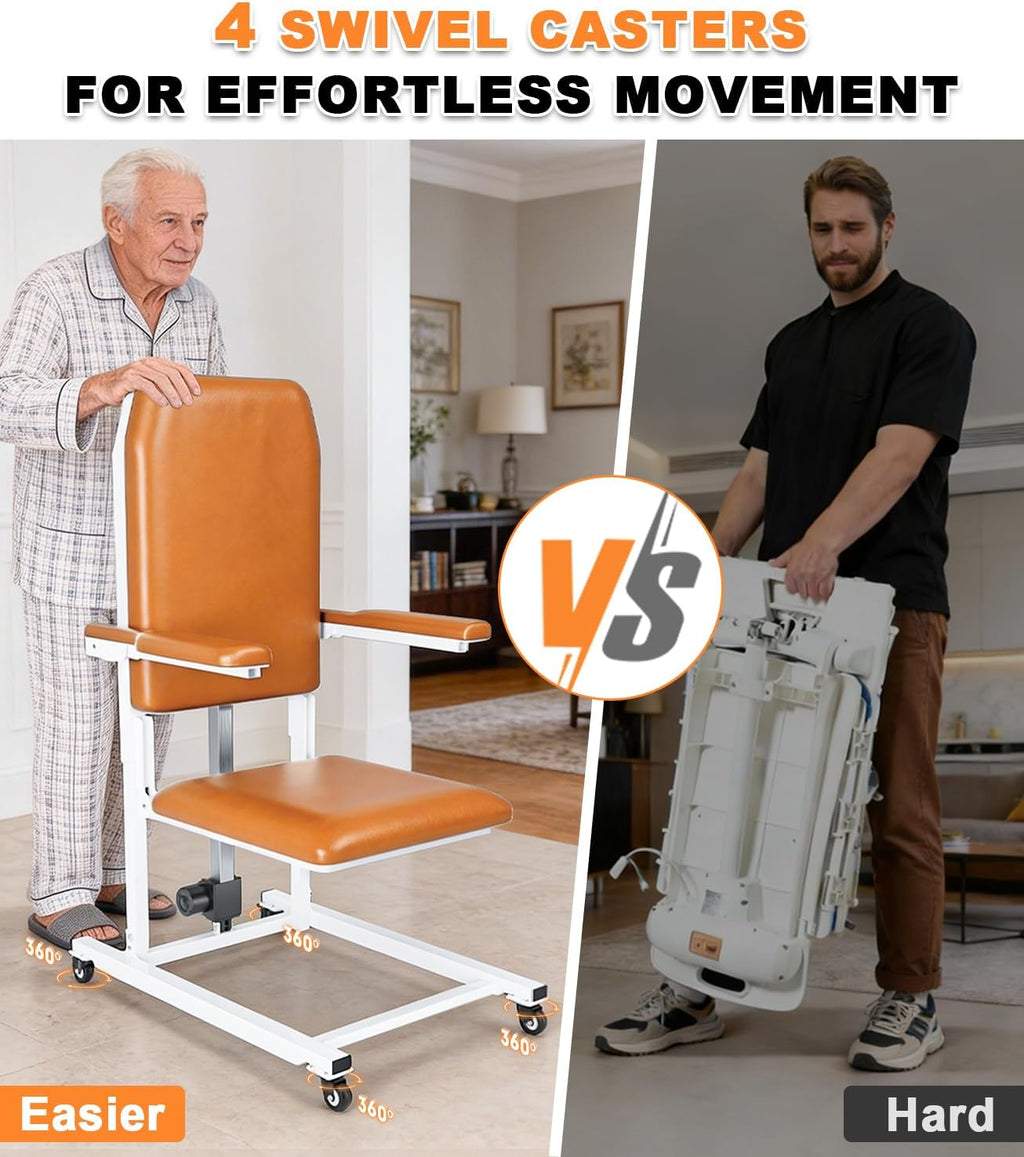 Lift Electric Lift Chair with Wheels - Foldable Standing Assist Chair Adjusts 4-20 in, Supports 573 lbs, Soft PU Cushion & Safety Strap for Elderly at Home & Care - Orange