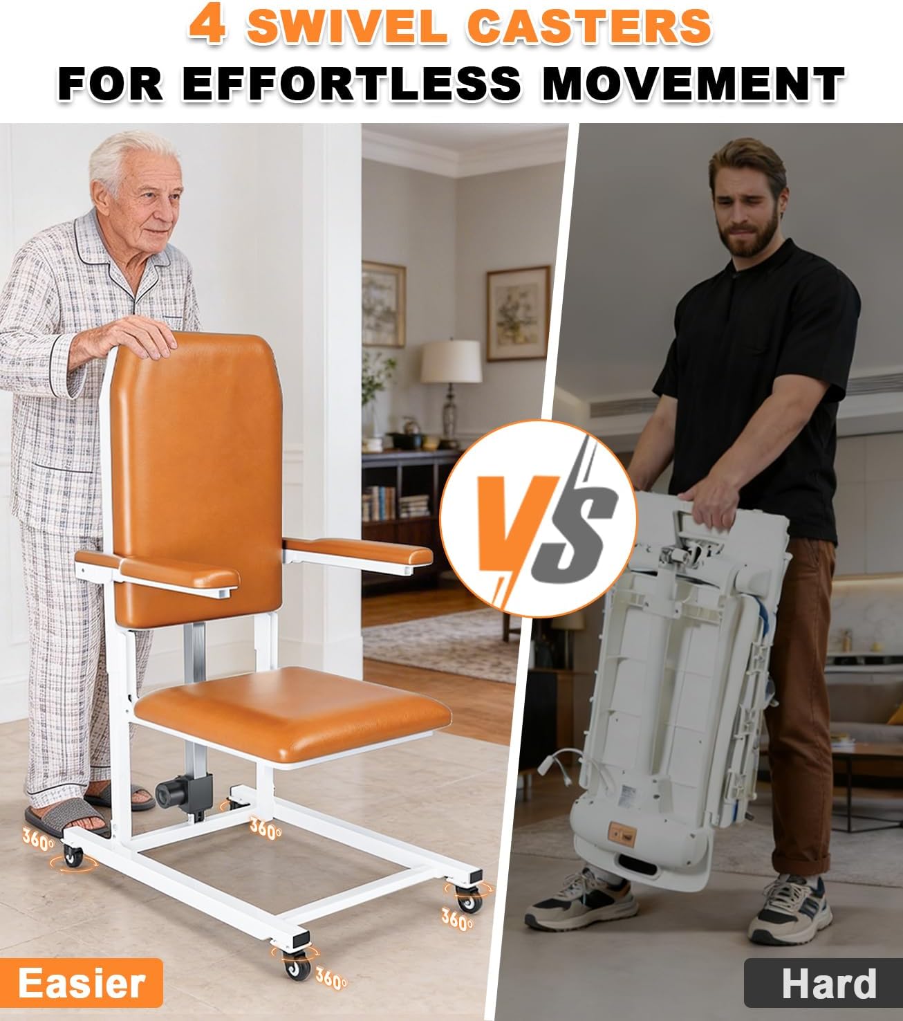 Lift Electric Lift Chair with Wheels - Foldable Standing Assist Chair Adjusts 4-20 in, Supports 573 lbs, Soft PU Cushion & Safety Strap for Elderly at Home & Care - Orange