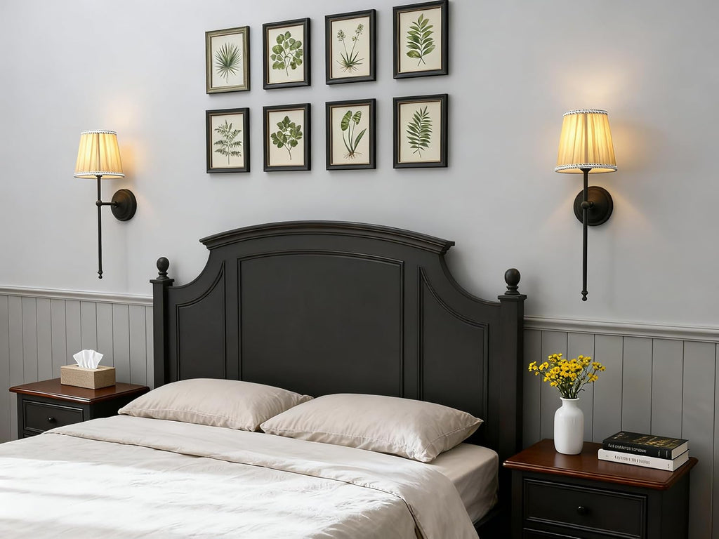 Phansthy Hardwired Brass Boho Wall Sconces Set of 2, Vintage Industrial Wall Lights 2 Pack, Vanity Light Wall Lamps with Lace Gauze Shade for Bedroom Living Room Hallway Decor (Black + Khaki Shade)