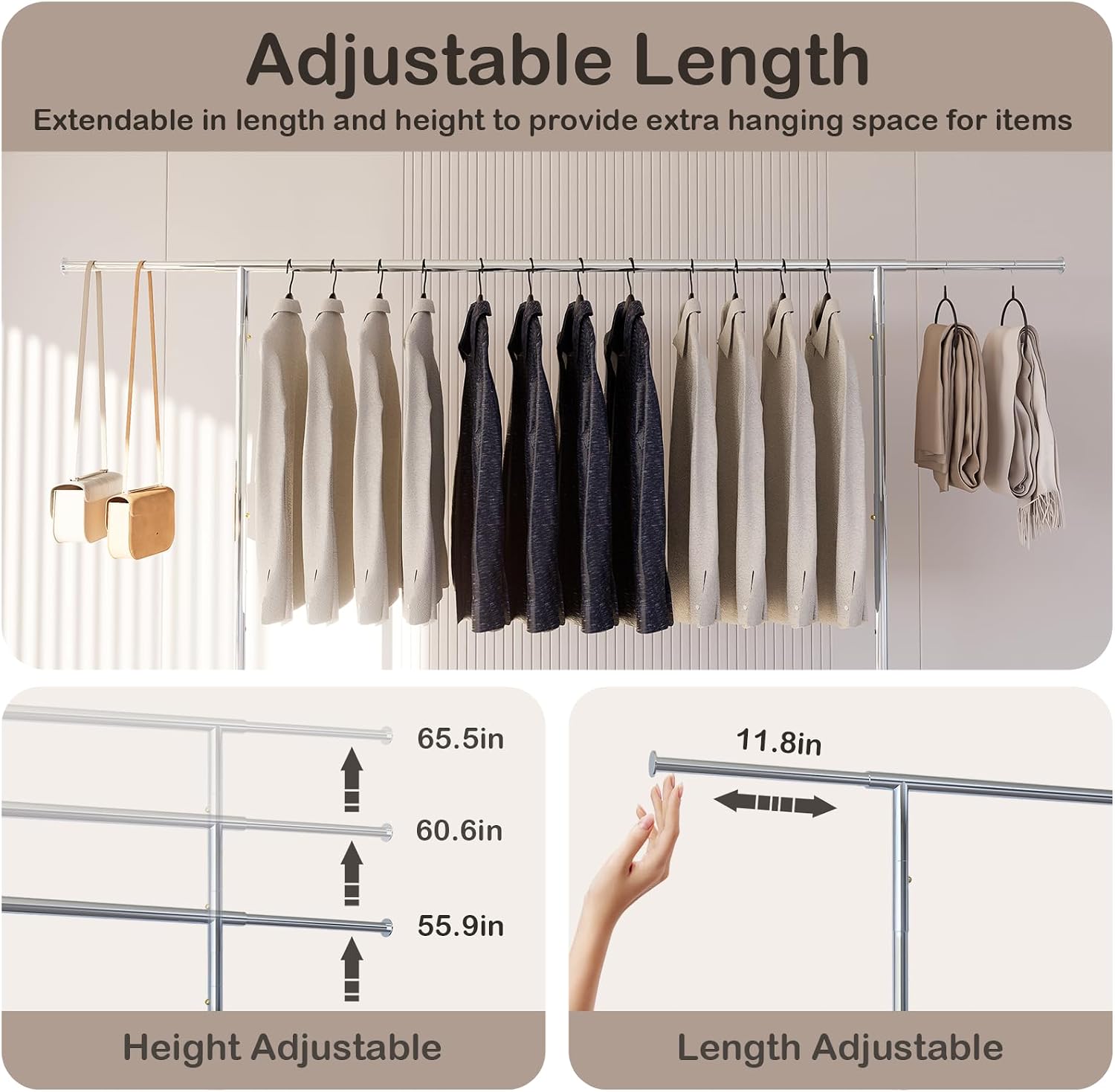 Clothes Rack With Wheels Garment Racks For Hanging Clothes Metal Portable Rack Heavy Duty One-Piece Bar Collapsible Rack For Bedroom Living Room Balcony
