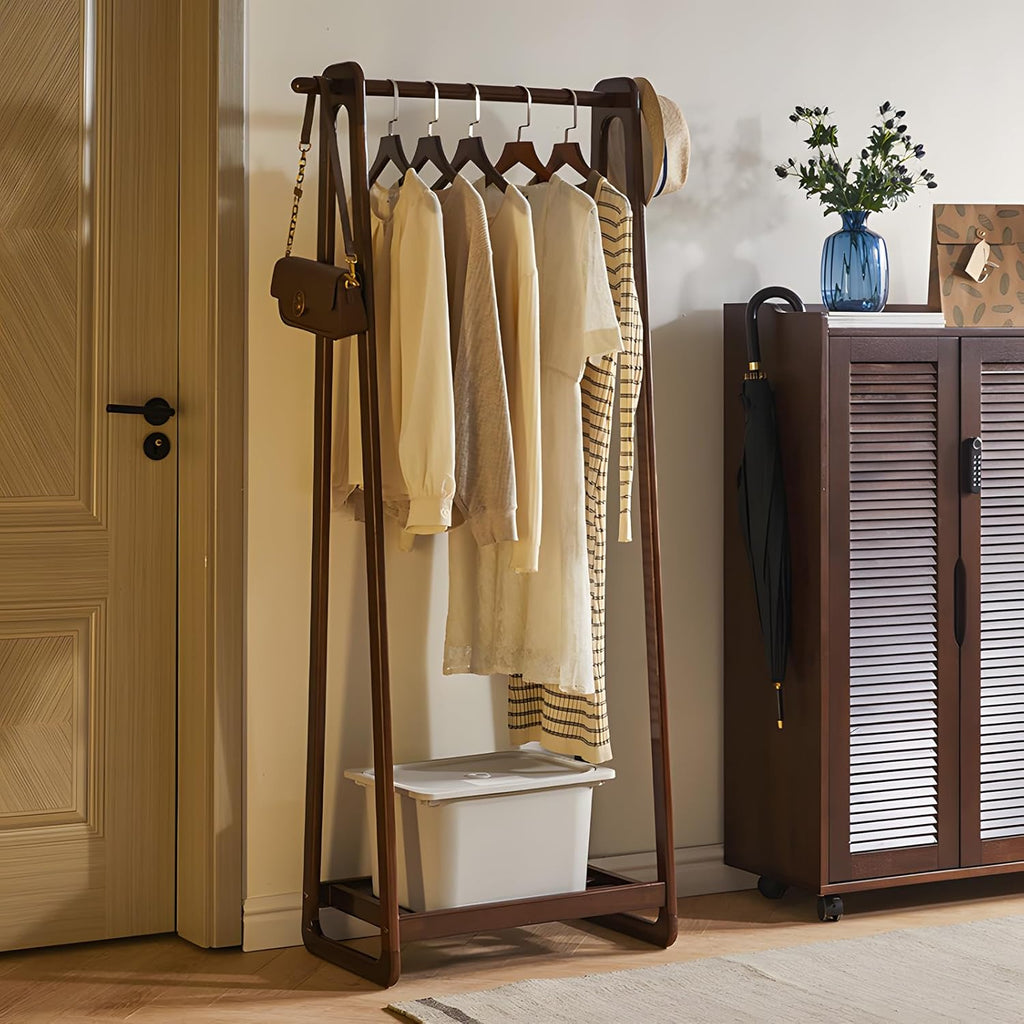 Solid Wood Clothing Rack with Shelf, Freestanding Garment Rack with Hooks, Rubberwood Clothes Organizer for Bedroom Entryway, Minimalist Wooden Clothes Stand (Walnut, 23.62 inches)