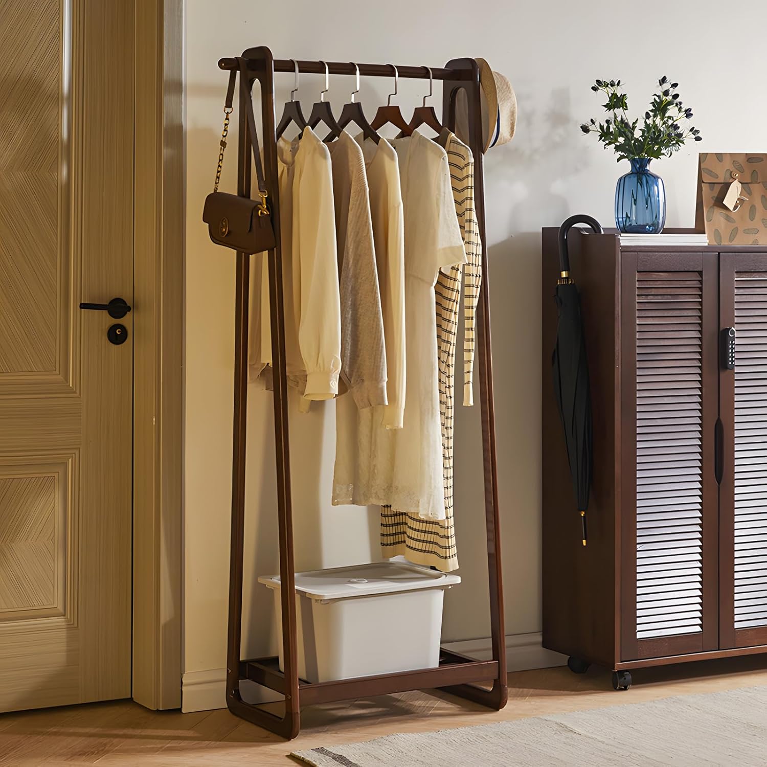 Solid Wood Clothing Rack with Shelf, Freestanding Garment Rack with Hooks, Rubberwood Clothes Organizer for Bedroom Entryway, Minimalist Wooden Clothes Stand (Walnut, 23.62 inches)