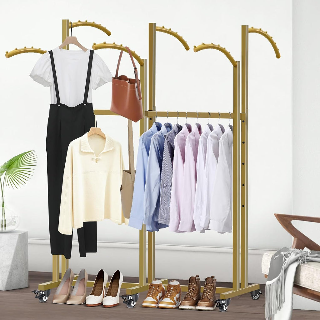 Floor Standing Metal Garment Rack, 6 Arms Clothing Display Rack with Wheels, Heavy Duty 48'' to 67'' Adjustable Height Retail Clothes Rack Rolling Shirt Rack for Hanging Clothes, Gold