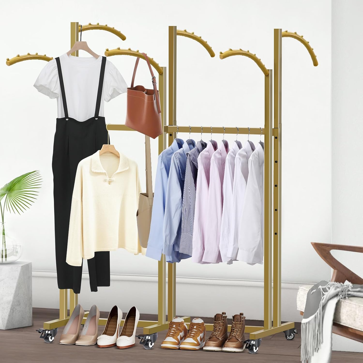 Floor Standing Metal Garment Rack, 6 Arms Clothing Display Rack with Wheels, Heavy Duty 48'' to 67'' Adjustable Height Retail Clothes Rack Rolling Shirt Rack for Hanging Clothes, Gold
