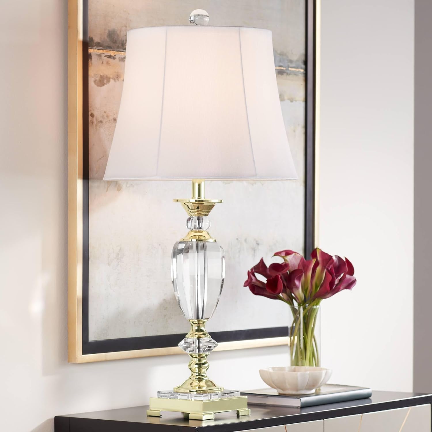 Vienna Full Spectrum Traditional Table Lamp 31' Tall Brass Gold Faceted Clear Crystal White Flared Bell Fabric Shade for Bedroom Living Room Nightstand Bedside Office House Home Family Entryway