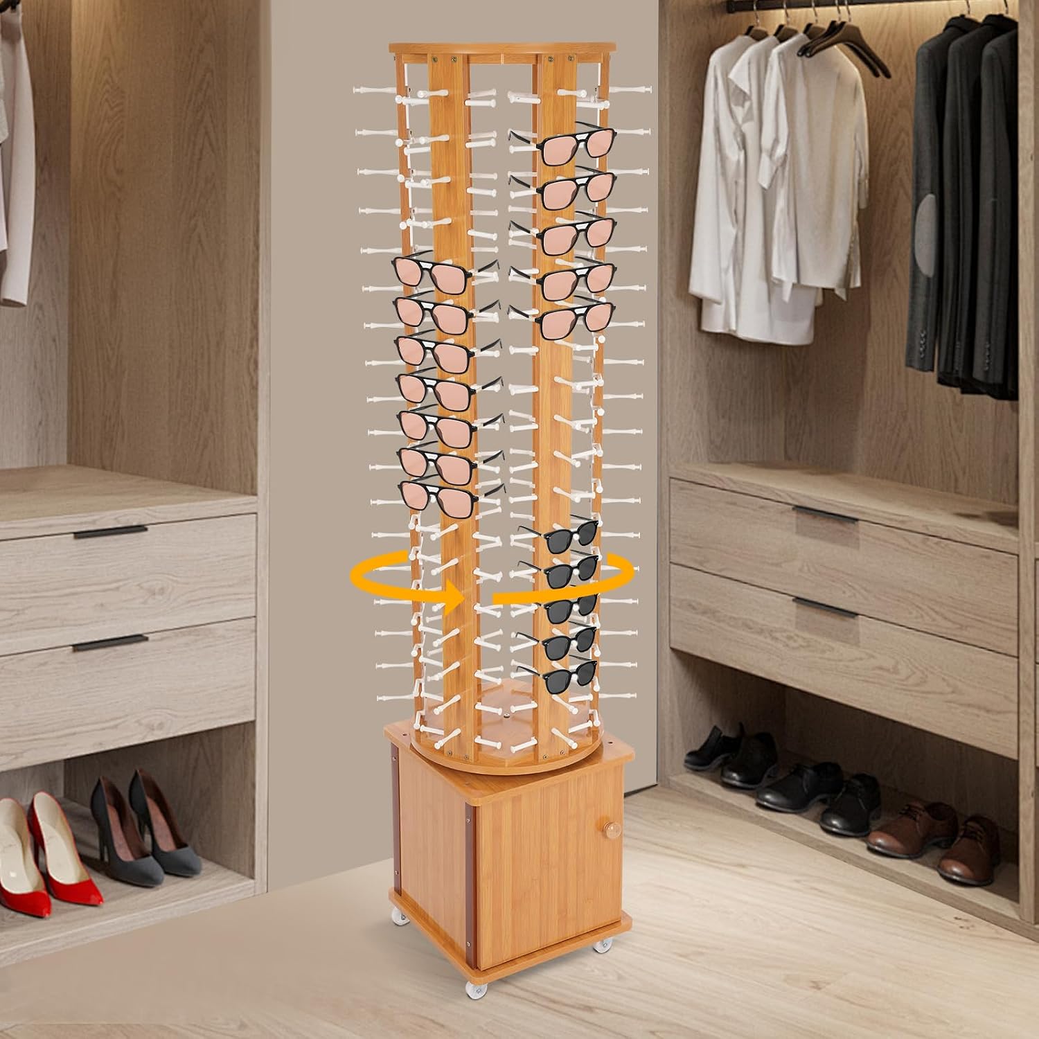 108 Pairs Glasses Sunglasses Display Stand, 360° Rotating Glasses Storage Display Rack with Cabinet, Floor Sunglasses Display Rack with Wheels, 66.14in Height with Wheels (Wood Color)