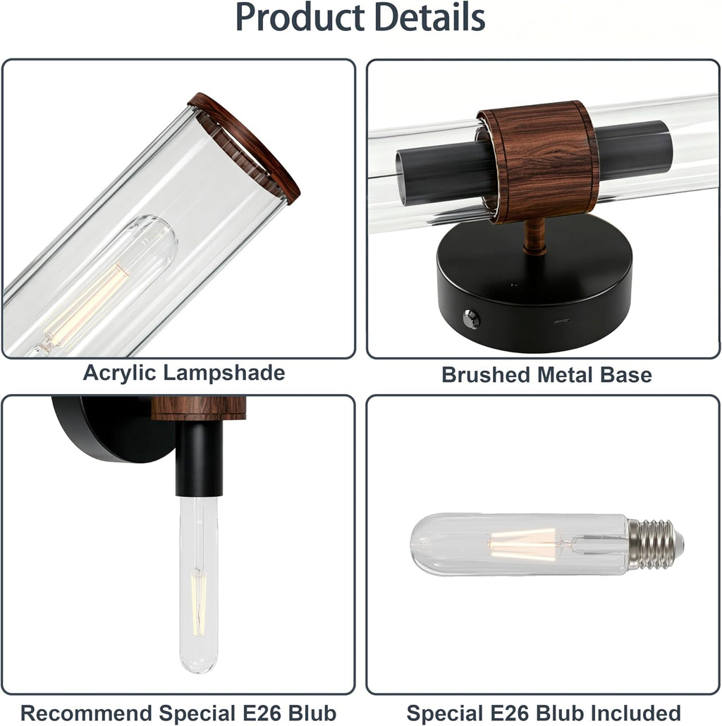 Morauroral Black Walnut Battery Operated Wall Sconces Set of 2, Rechargeable Wall Lights with Remote, 20 Inch Modern Wireless Sconces Wall Lighting for Bedroom, Living Room,TV with Glass Shade