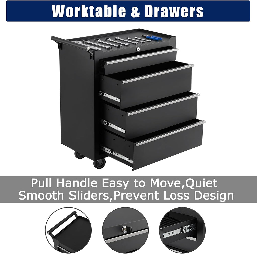 24' Heavy-Duty Rolling Tool Cabinet, 4-Drawer Lockable Steel Tool Chest with 4 Locking Wheels & Reinforced Frame, High Weight Capacity Organizer for Garage, Workshop, and Home Use