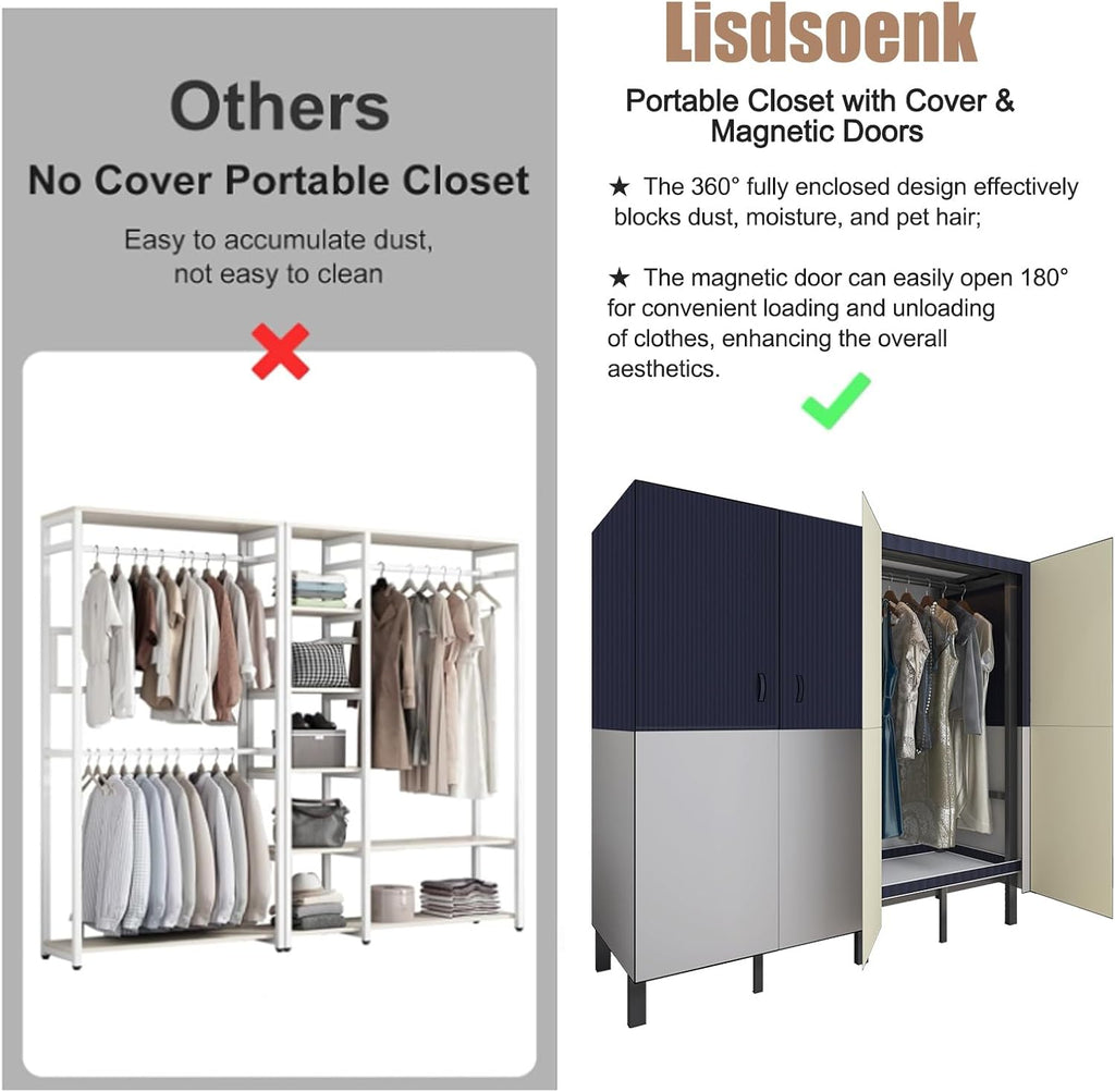Heavy Duty Clothes Rack with Cover & Magnetic Doors, 1500lb Portable Wardrobe Closet - Foldable Garment Rack for Bedroom, Large Storage for Hanginng Dresses Jackets (Blue, 70.8IN)