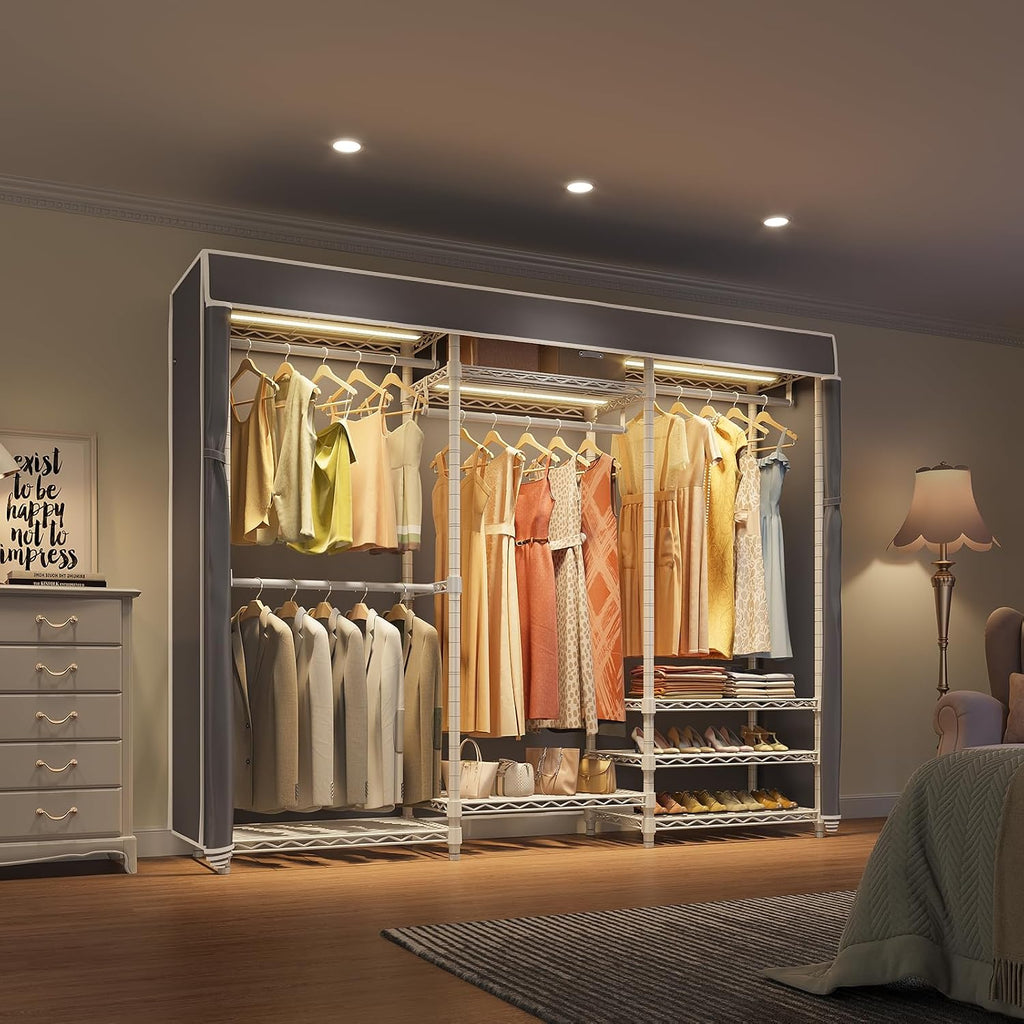 VIPEK V5LC Garment Rack Heavy Duty Covered with Dimmable LED Lights, 3000K Warm White, Portable Closet Wardrobe Freestanding for Hanging Clothes, with Grey Cover