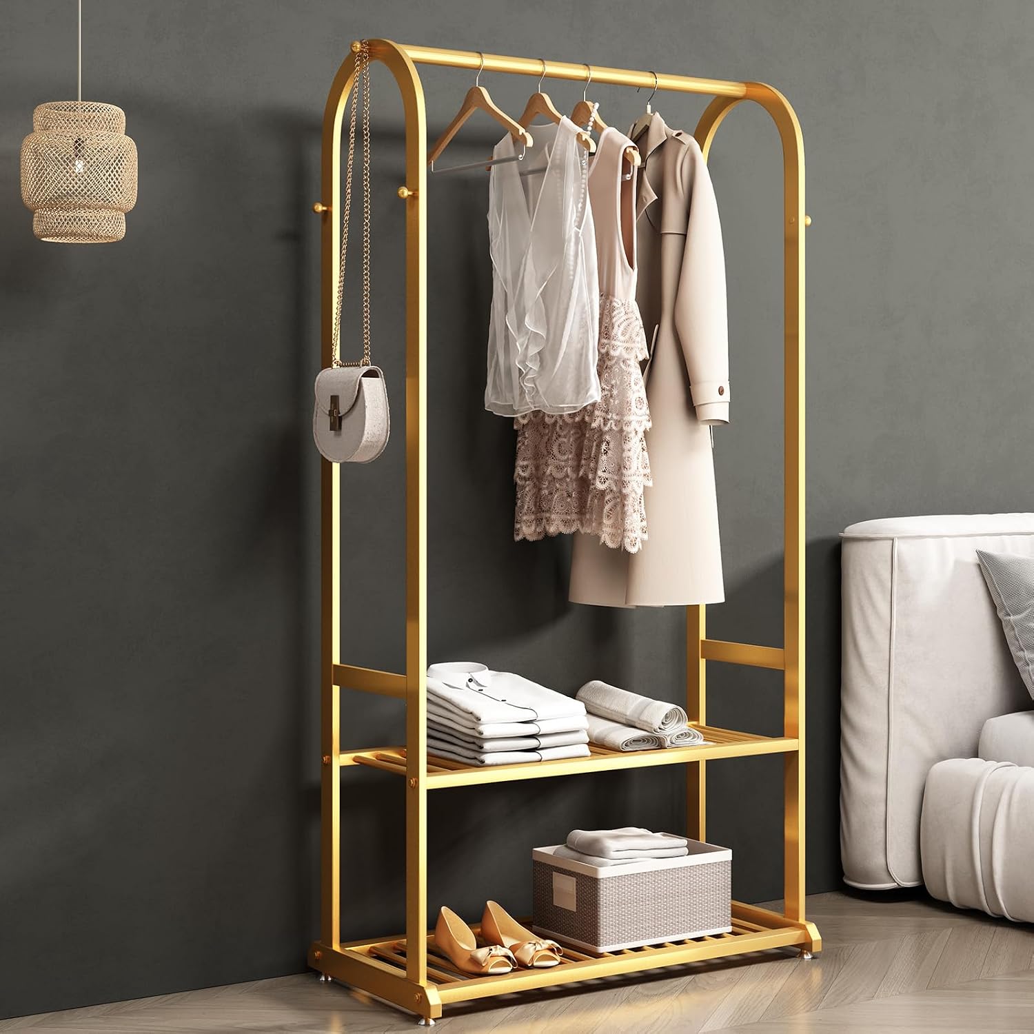 Gold Clothing Rack,Metal Garment Rack with Bottom Storage Shelves and 6 Side Hooks,modern Sturdy clothes racks for hanging clothes,Freestanding Wardrobe Rack for Bedroom or Boutique (L:31.5in)