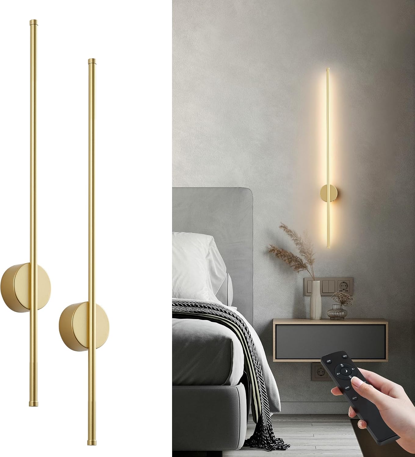 Battery Operated Modern Wall Sconces,Dimmable Wireless Wall Light Set of Two with Remote Control,3 Color Temperatures,Rechargeable LED Wall Sconce for Bedroom,Living Room,Hallway,39.3 Inch, Gold