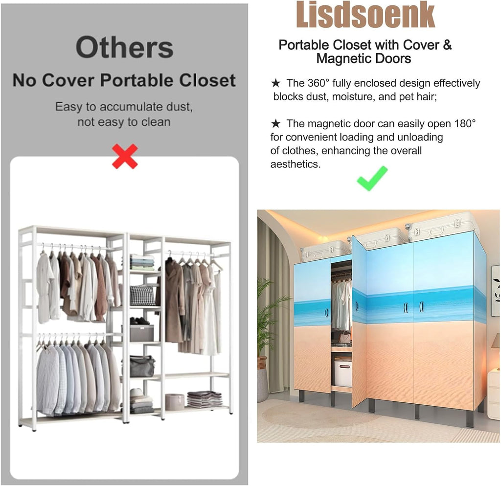 Heavy Duty Clothes Rack with Cover & Magnetic Doors, 1500lb Portable Wardrobe Closet - Foldable Garment Rack for Bedroom, Large Storage for Hanginng Dresses Jackets (Beach Blue, 49.2IN)