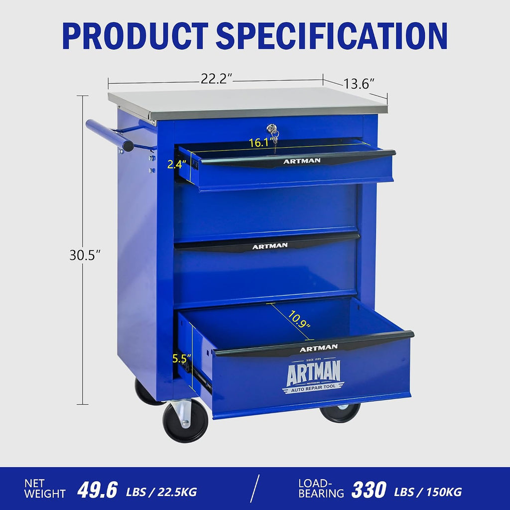 4 Drawers Tool Cart on Wheels with Stainless Steel Worktop, Heavy Duty Mobile Rolling Drawer Tool Chest with Locking Wheels & Lockable Drawers, Garage Tool Storage Cabinet (Blue, 4 Drawers)