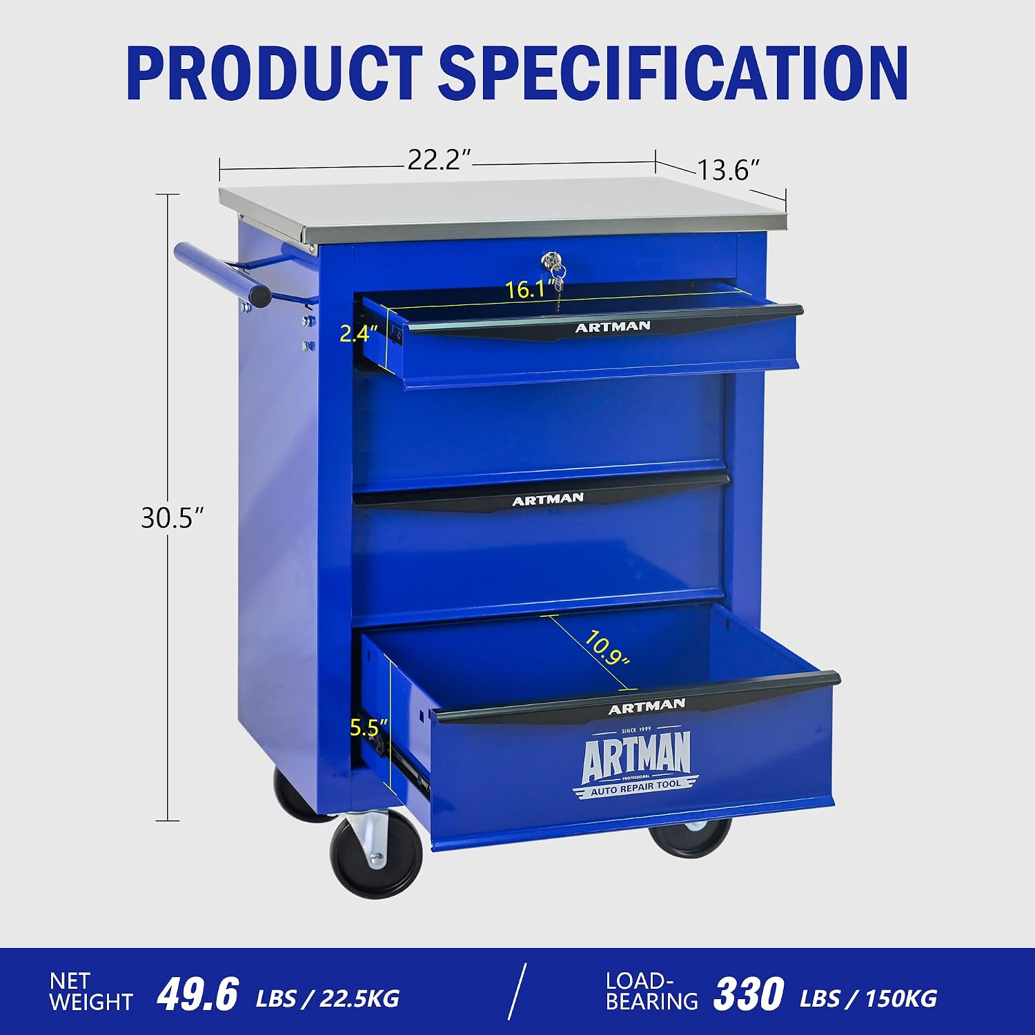 4 Drawers Tool Cart on Wheels with Stainless Steel Worktop, Heavy Duty Mobile Rolling Drawer Tool Chest with Locking Wheels & Lockable Drawers, Garage Tool Storage Cabinet (Blue, 4 Drawers)