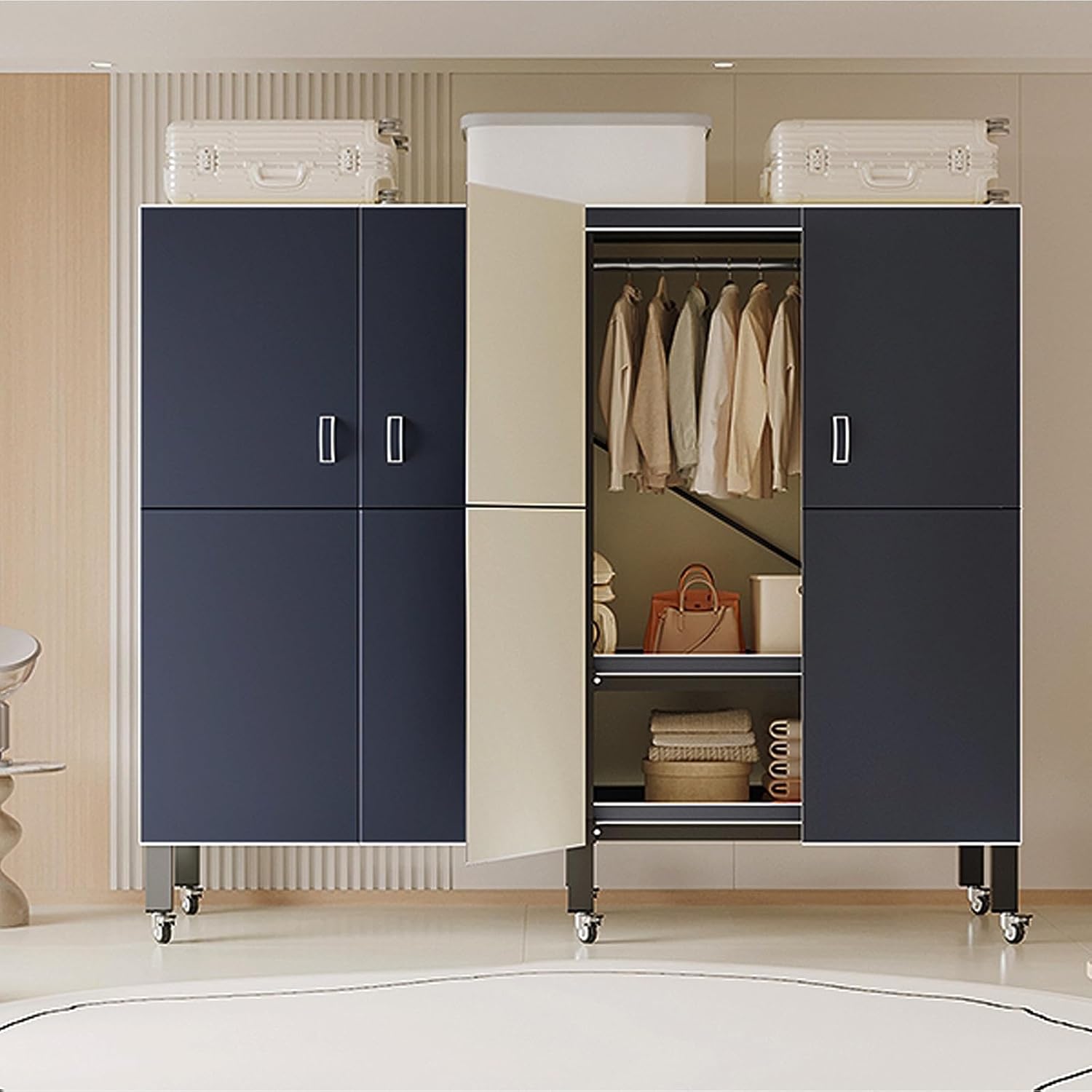 Heavy Duty Covered Clothes Rack with Magnetic Door 1500LBS Foldable Portable Wardrobe Closet for Hanging Clothing Rolling Black Metal Garment Rack on Wheels Closet System (navy blue doors, 39.7in)
