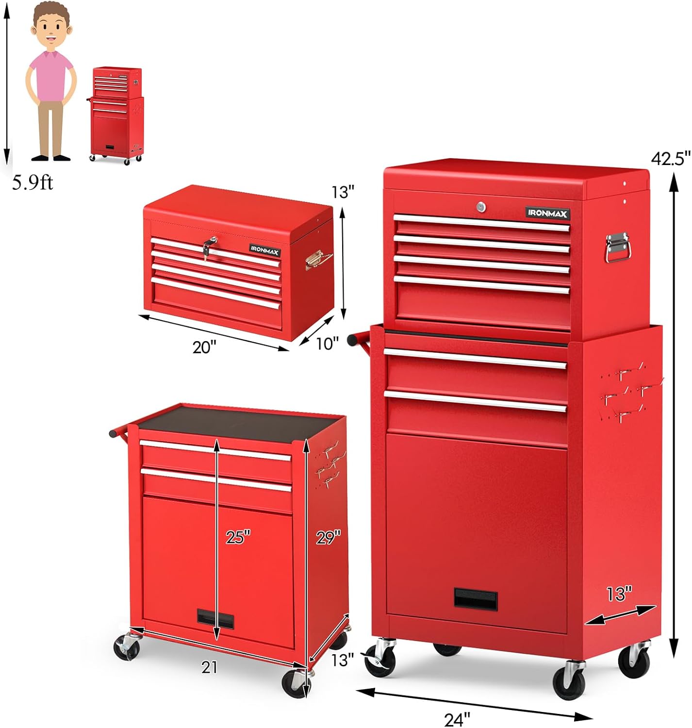 IRONMAX Rolling Tool Chest, 6-Drawer Lockable Tool Cabinet w/ 4 Universal Wheels, 2 in 1 Detachable Tool Box Storage Organizer for Garage Workshop Repair Shop (6-Drawer, Red)