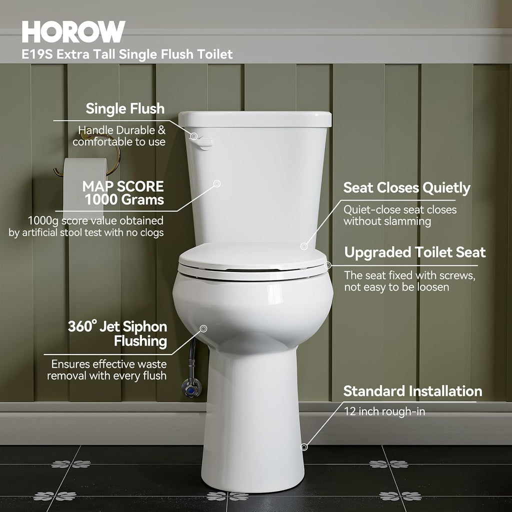 HOROW 19 Inch Tall Toilets, Extra High Toilets with Comfort Chair Height Seat, MAP 1000g, 1.28 GPF Single Flush Two-Piece Toilet, Elongated Bowl for Seniors, Pregnant, Disabled & Tall Person, White