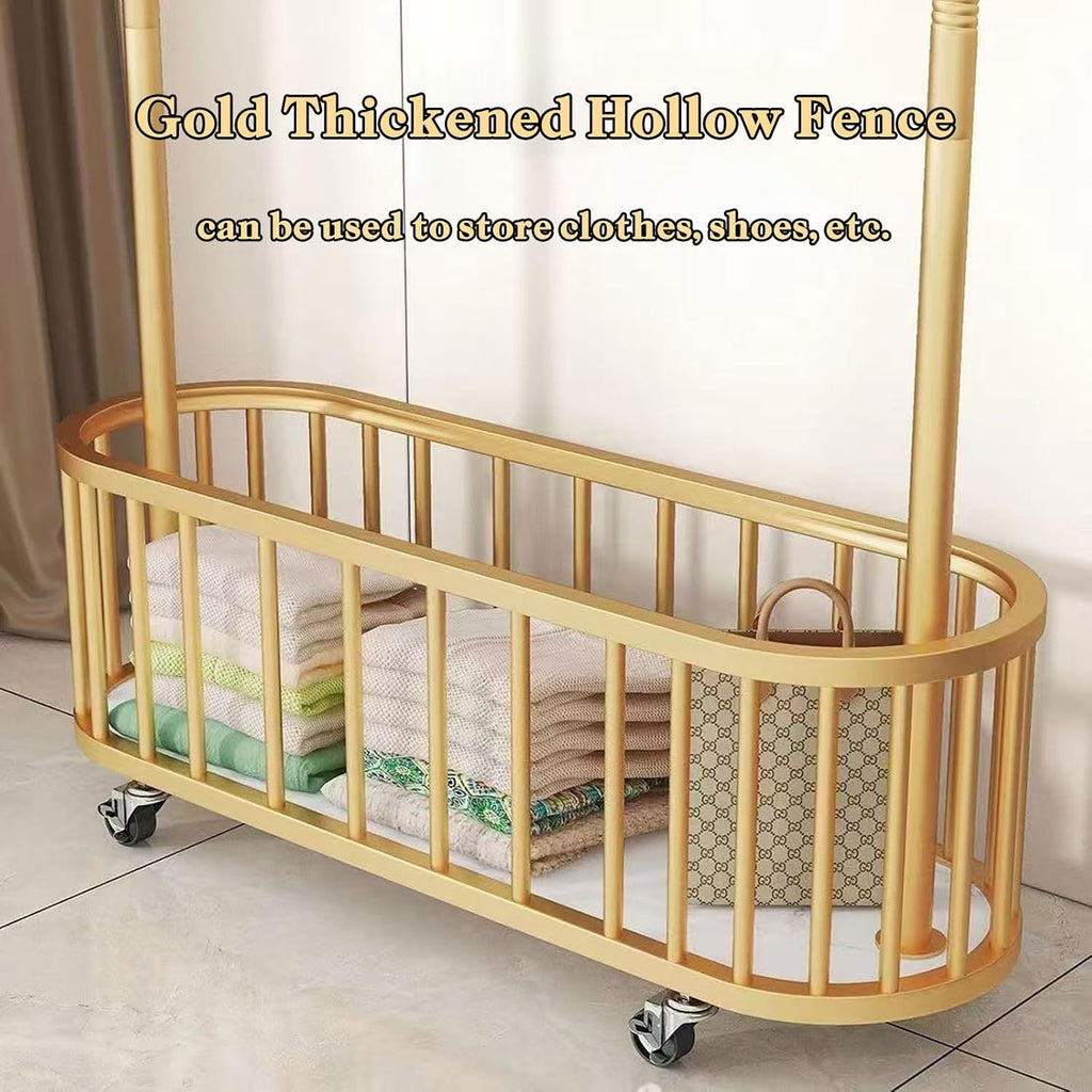 Gold Clothes Rack with Wheels, Heavy Duty Metal Rolling Clothes Rack with Basket, 68.5 Inch Movable Portable Tall Gold Garment Rack for Bedroom Living Room Entryway