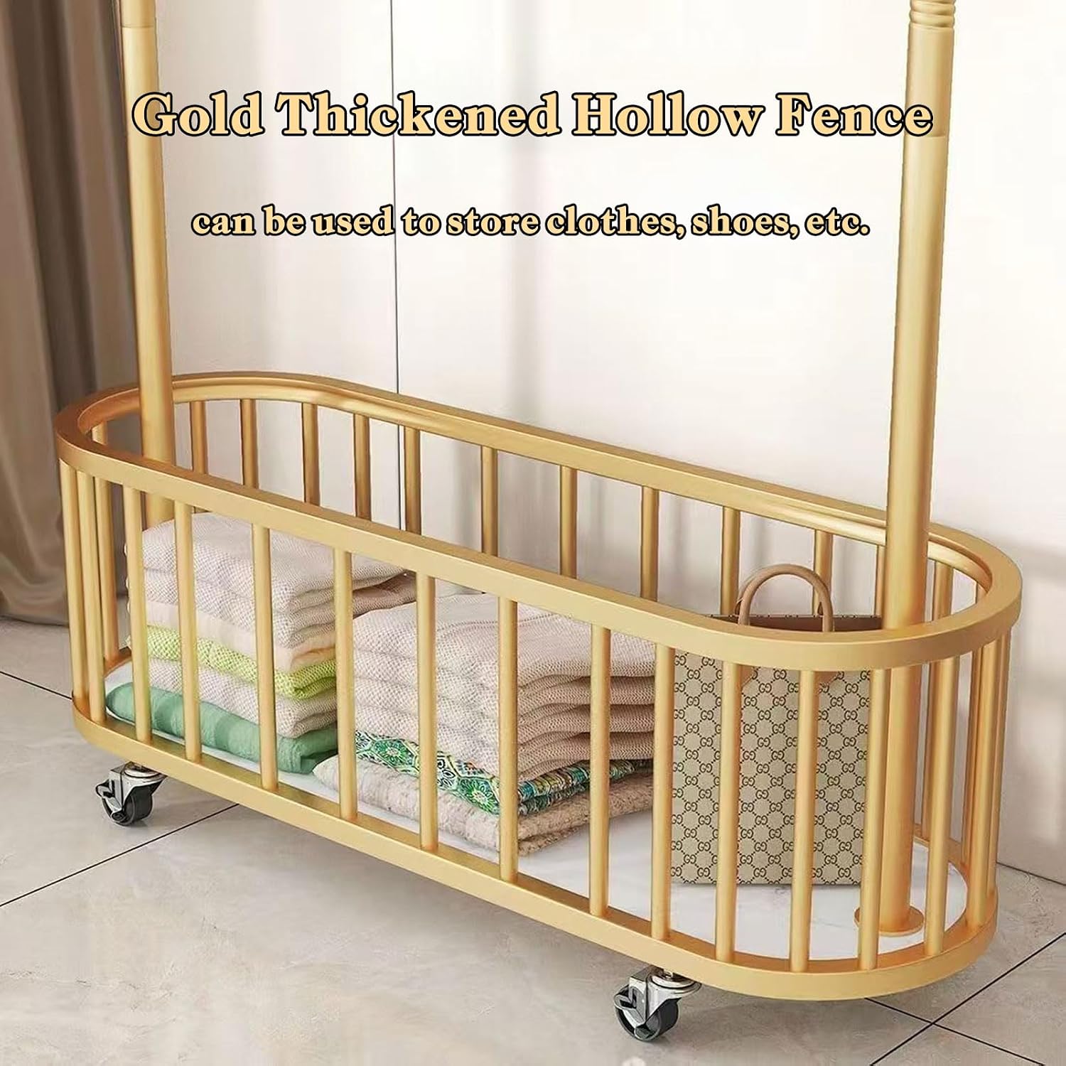 Gold Clothes Rack with Wheels, Heavy Duty Metal Rolling Clothes Rack with Basket, 68.5 Inch Movable Portable Tall Gold Garment Rack for Bedroom Living Room Entryway