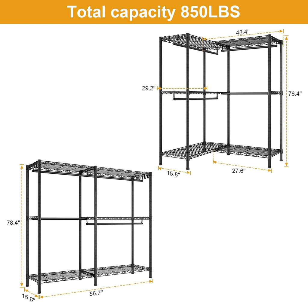 ULIFHOME E15 Garment Rack L Shaped Clothes Rack for Corner，Freestanding Clothing Racks for Hanging Clothes，Heavy Duty Closet Organizer with 4 Hanging Rods & 8 S Hooks，43.4' W x 15.8' D x 78.4' H，Black