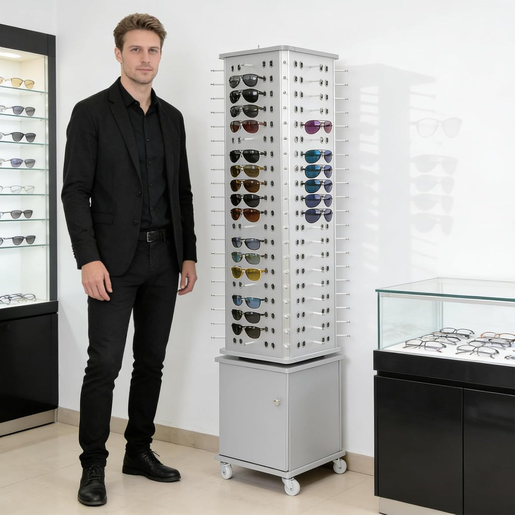 Rotating Sunglass Stand Display Rack, 152 Pairs 4-Sided Eyeglass Retail Display Stand, Floor Standing Eyewear Holder Organizer with Storage Cabinet&Wheels, Rolling Eyeglasses Turning Stand for Store