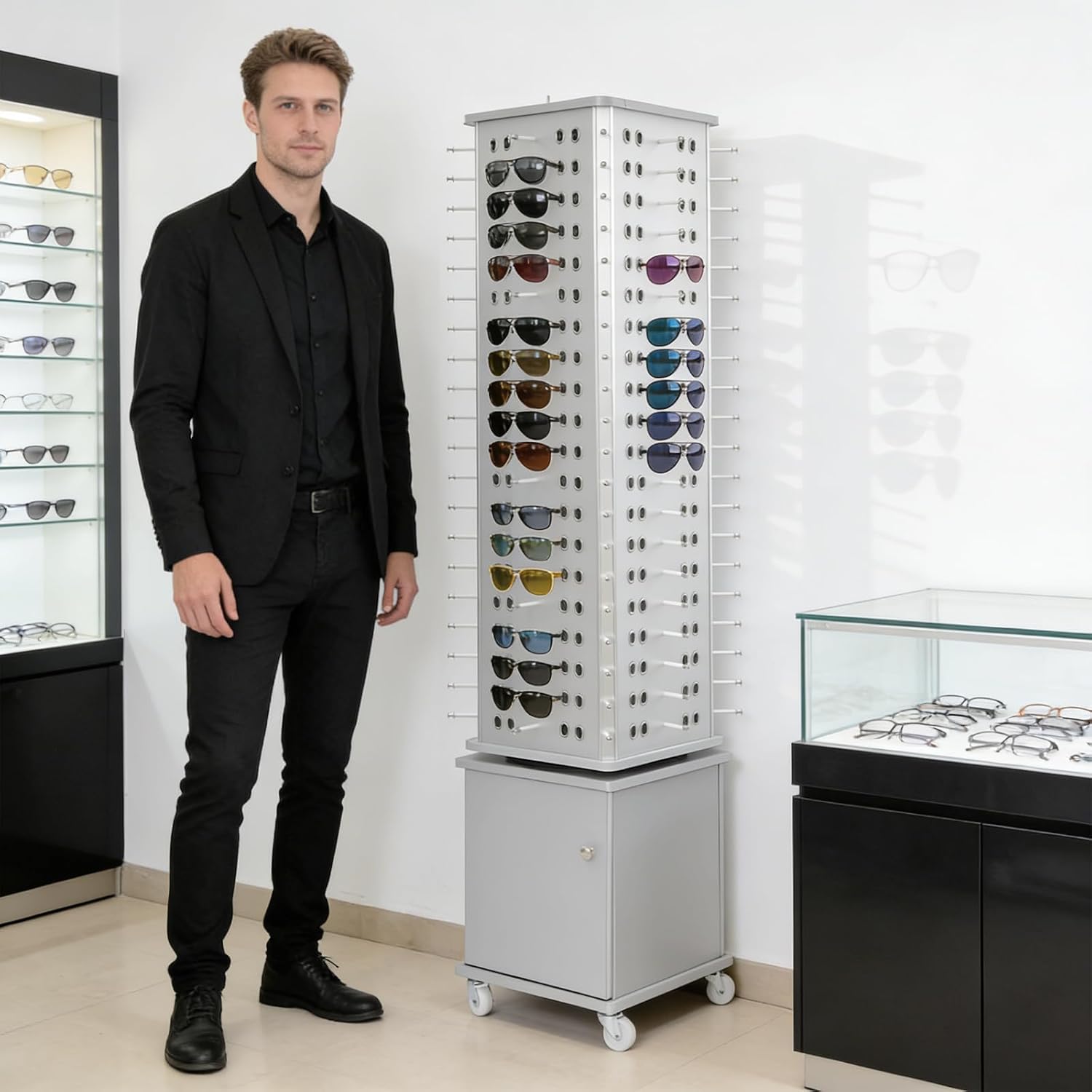 Rotating Sunglass Stand Display Rack, 152 Pairs 4-Sided Eyeglass Retail Display Stand, Floor Standing Eyewear Holder Organizer with Storage Cabinet&Wheels, Rolling Eyeglasses Turning Stand for Store