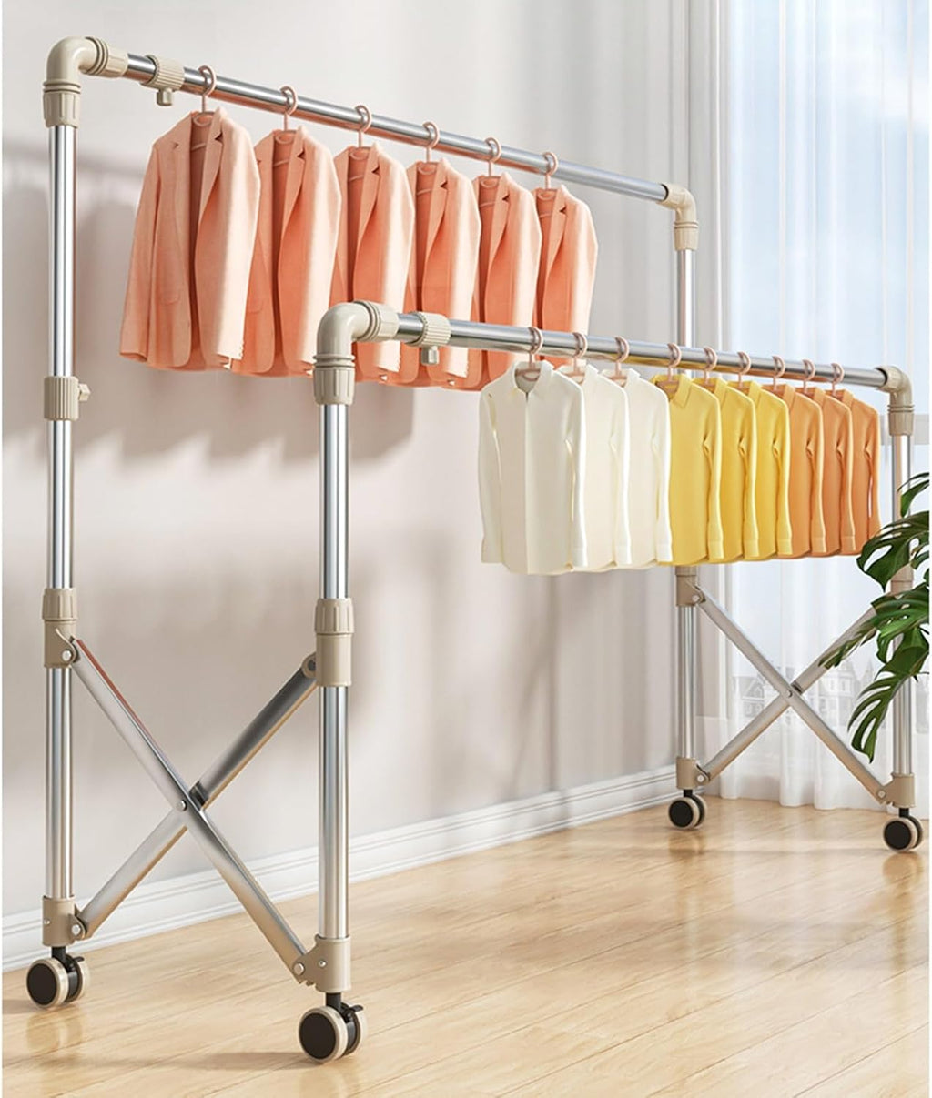 Collapsible Movable Laundry Airer, Clothes Drying Rack Folding Clothes Rail, Movable Clothes Horses Rack with 4 Castors, Stainless Steel Laundry Garment Dryer Stand, Clothes Airer for Indoor