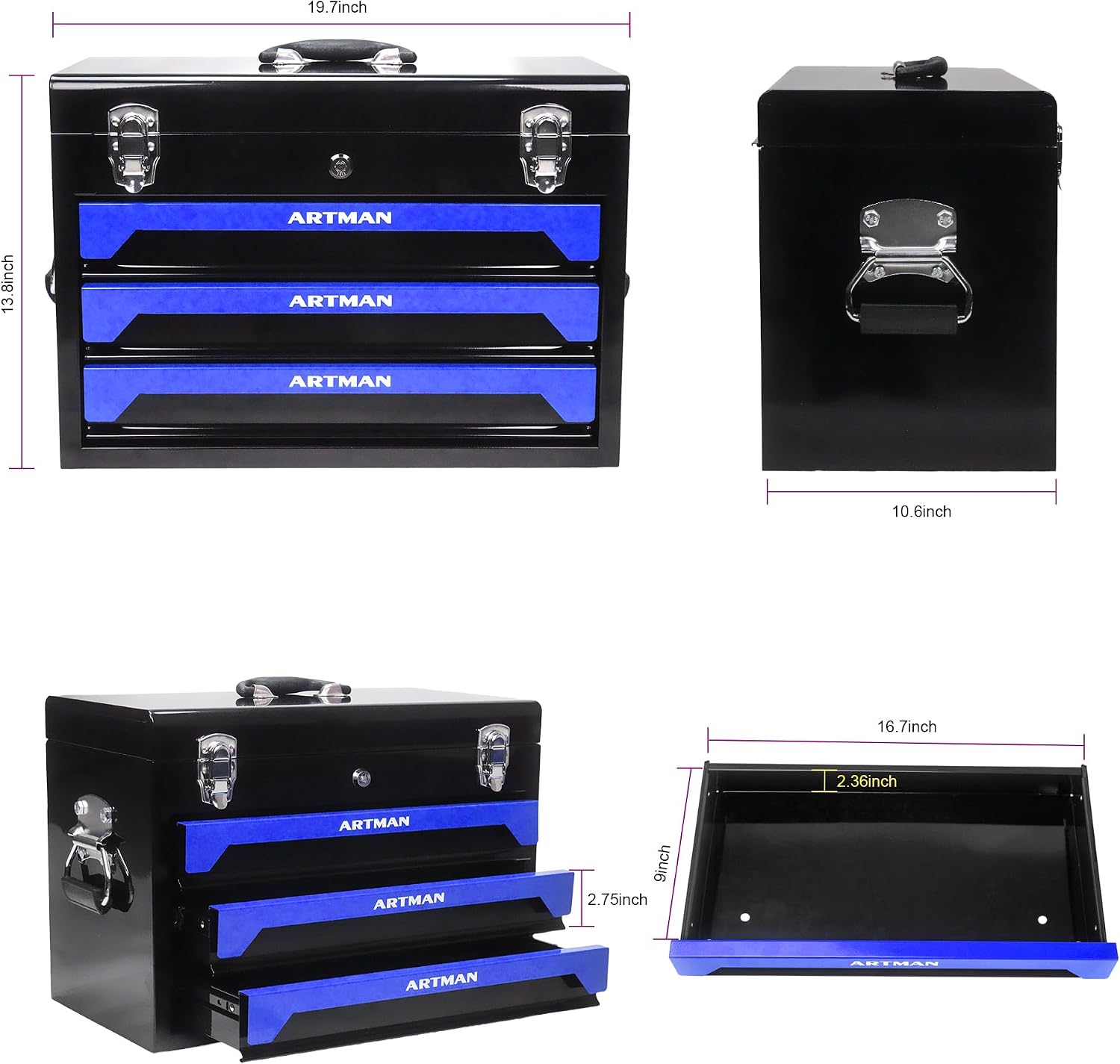 439 Piece Tool Set with Tool Box, 3-Drawer Toolbox Storage Case with Lock Portable Tool Chest with Tool Set General Household Tool Storage Organizer for Garage Workshop, Black + Blue