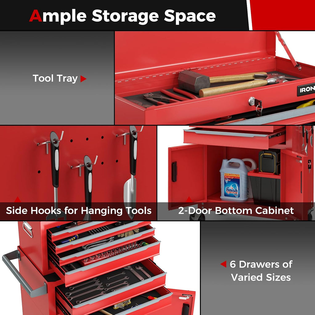 Goplus Tool Chest, 6 Drawers Extra Large Rolling Too Storage Cabinet with 4' Universal Lockable Wheels, Auto Lock, Protective Liner, 2-in-1 Heavy Duty Tool Box for Garage, Workshop