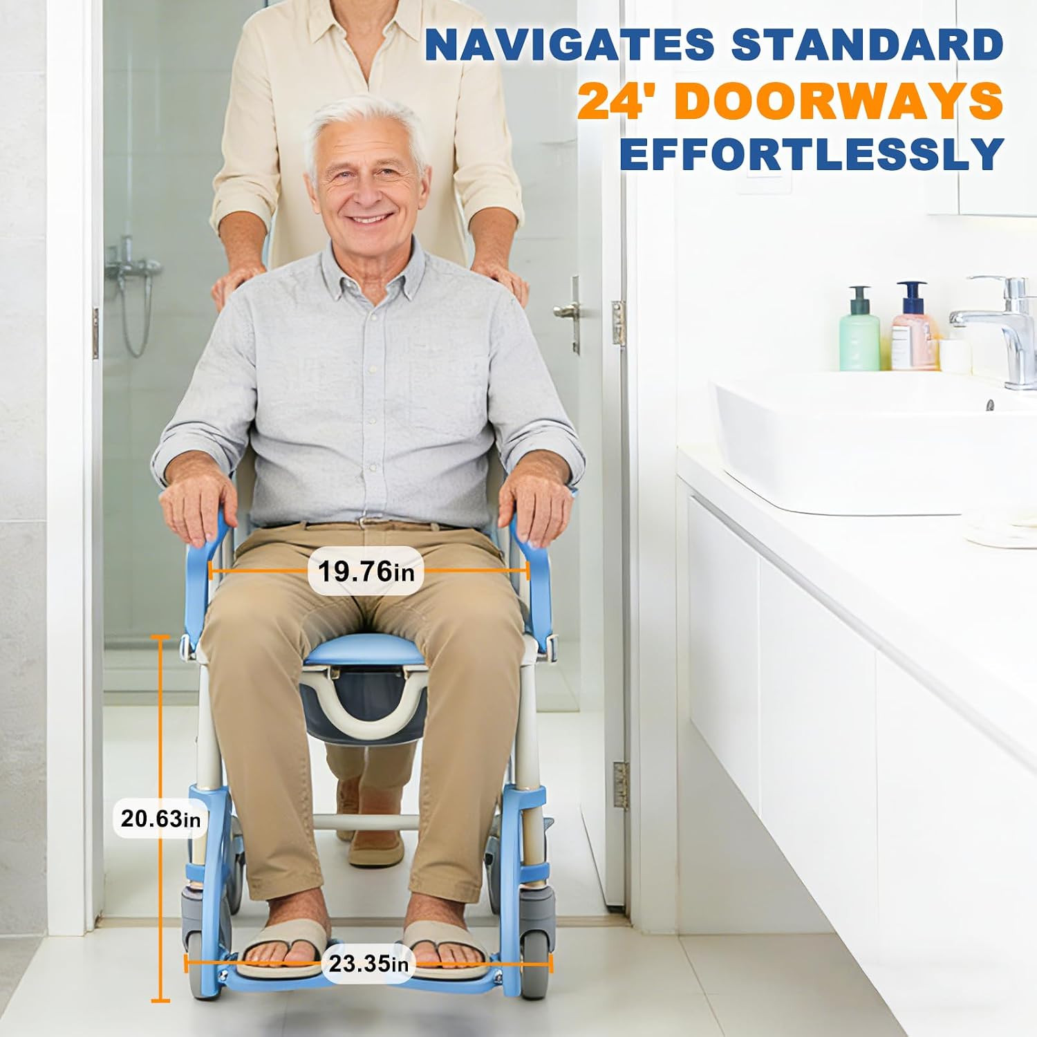 4-in-1 Bedside Commode Chair for Elderly, Rolling Shower Chair with Drop Arms & Lockable Wheels, Anti-Tilt Heavy Duty Waterproof Shower Wheelchair, 350lbs Capacity (Blue)