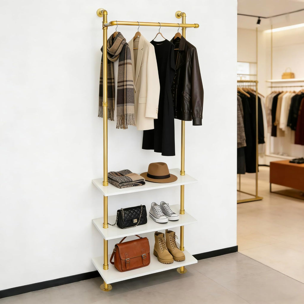 Gold Clothing Racks Wall Mounted Metal Clothes Rack with 3 Wood Shelves, Display Retail Clothing Garment Rack and Walk In Closet for Hanging Clothes Heavy Duty for Boutiques, Wardrobe, Bedroom