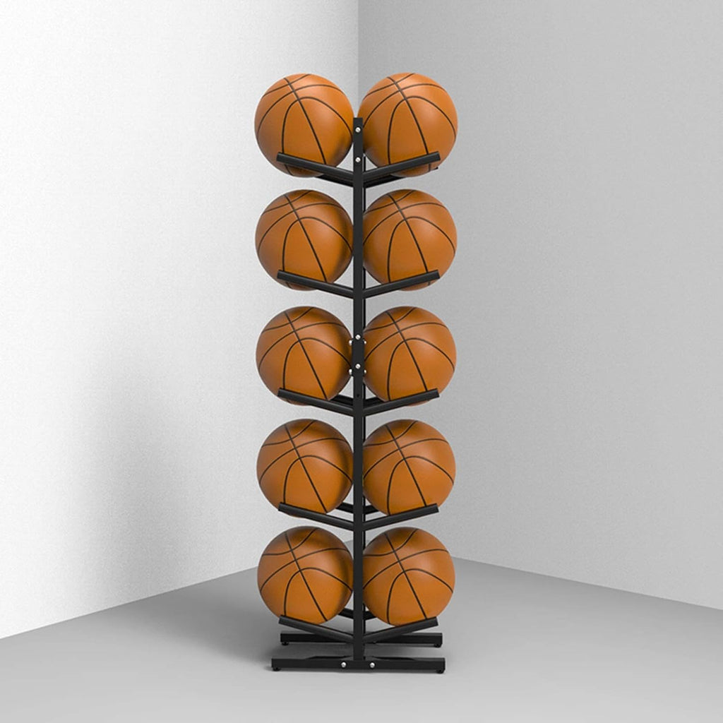Sports Ball Storage Stand Double-Sided Garage Ball Storage with Hooks, Vertical Basketball Volleyball Football Rack for Boys Bedroom Decor, Free Standing 5-Tier Display Stand