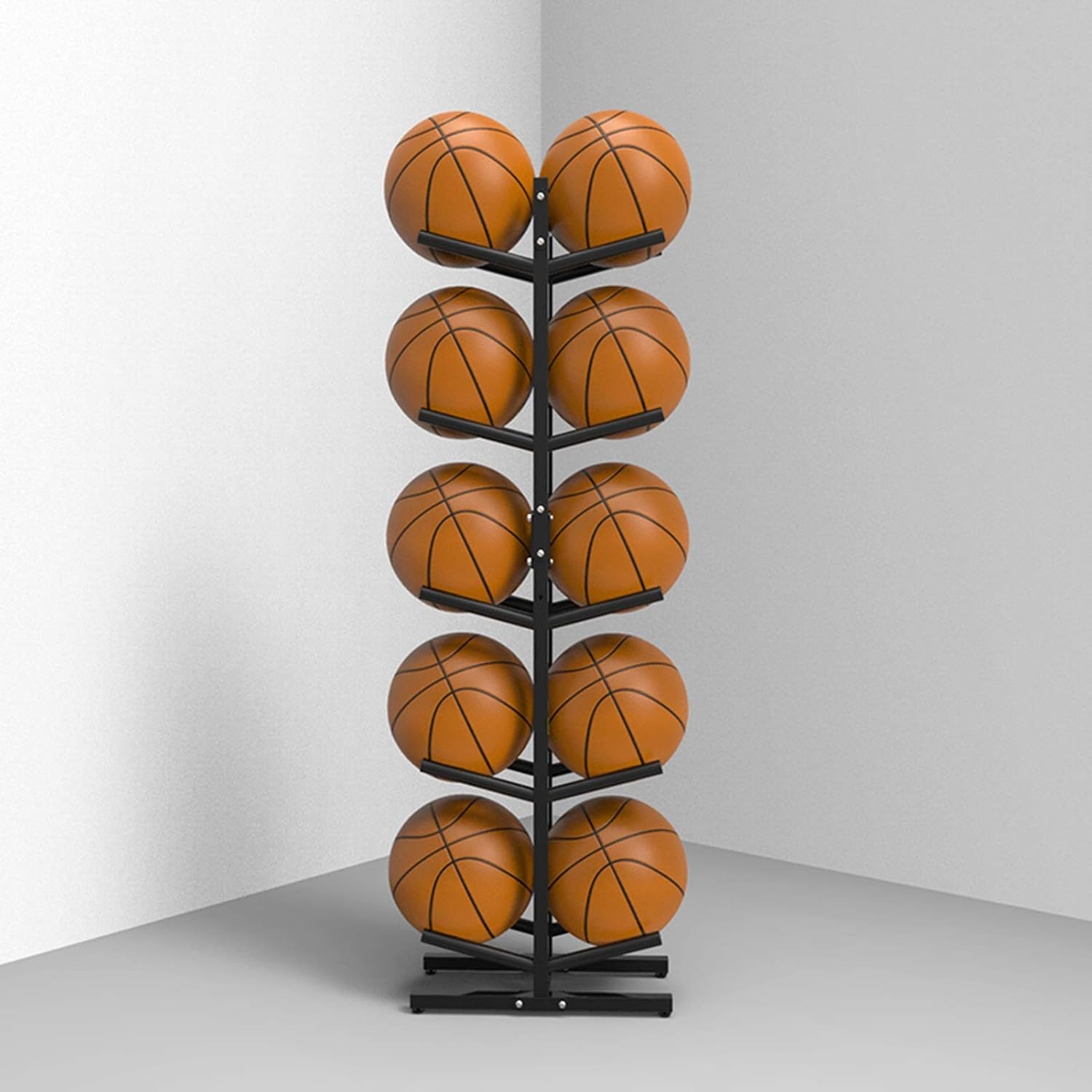Sports Ball Storage Stand Double-Sided Garage Ball Storage with Hooks, Vertical Basketball Volleyball Football Rack for Boys Bedroom Decor, Free Standing 5-Tier Display Stand