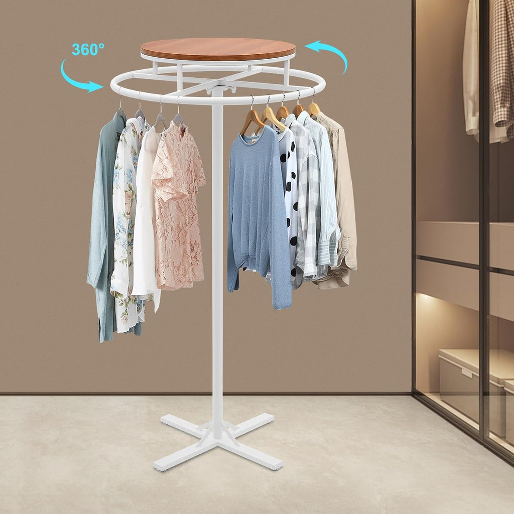 Round Garment Racks for Hanging Clothes 360° Rotary Clothes Display Rack 27.56' Diameter Freestanding Retail Display Stand Commercial Clothing Organizer Clothes Shelf for Retail Boutiques (White)