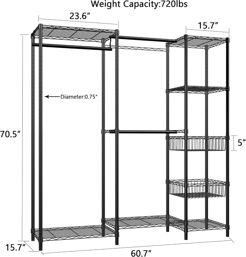 Xiofio 6 Tiers Heavy Duty Garment Rack,Metal Clothing Rack,Clothing Storage Rack,Closet Organizer System Freestanding & Adjustable Wardrobe 60.7' L x 15.7' W x 70.5' H Max Load 720LBS Black
