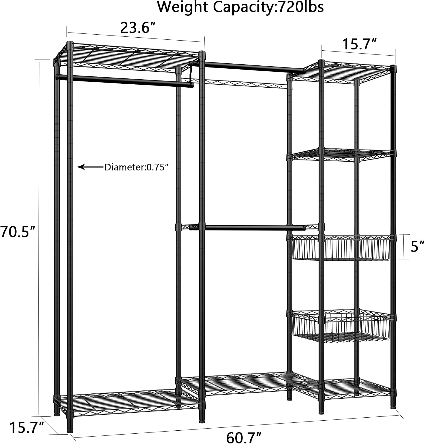 Xiofio 6 Tiers Heavy Duty Garment Rack,Metal Clothing Rack,Clothing Storage Rack,Closet Organizer System Freestanding & Adjustable Wardrobe 60.7' L x 15.7' W x 70.5' H Max Load 720LBS Black