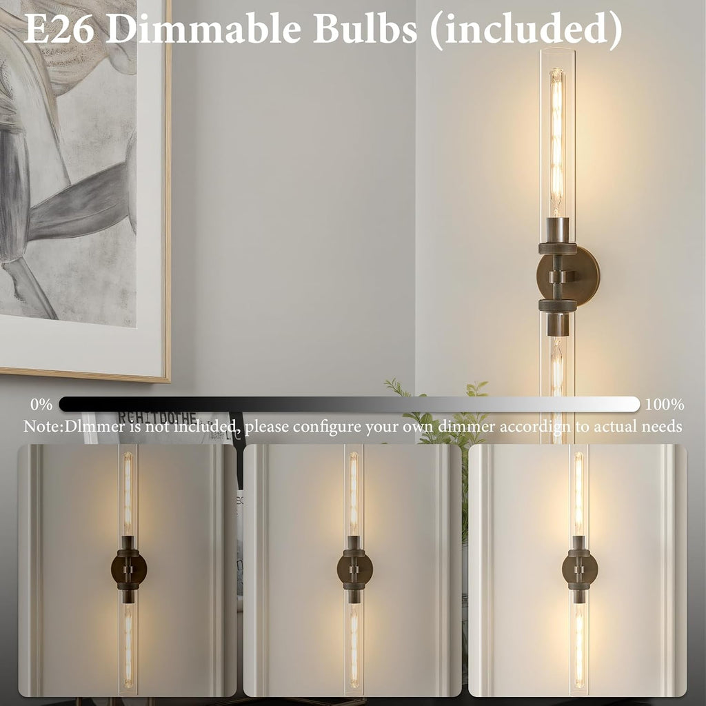 Knurled Brass Bathroom Wall Sconce - Luxury Brushed Antique Gold Sconces - Dimmable Indoor Lighting - Modern Linear Tube Vanity Lights Fixture with Clear Glass for Bedroom Living Room Decor