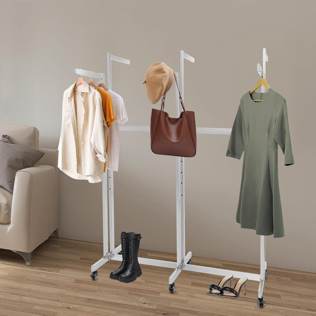 Clothing Display Racks for Retail, Retail Display Racks With Wheels, Floor Standing Metal Garment Rack for Hanging Clothes, Retail Store, Bedroom, Laundry Room. (Silver)
