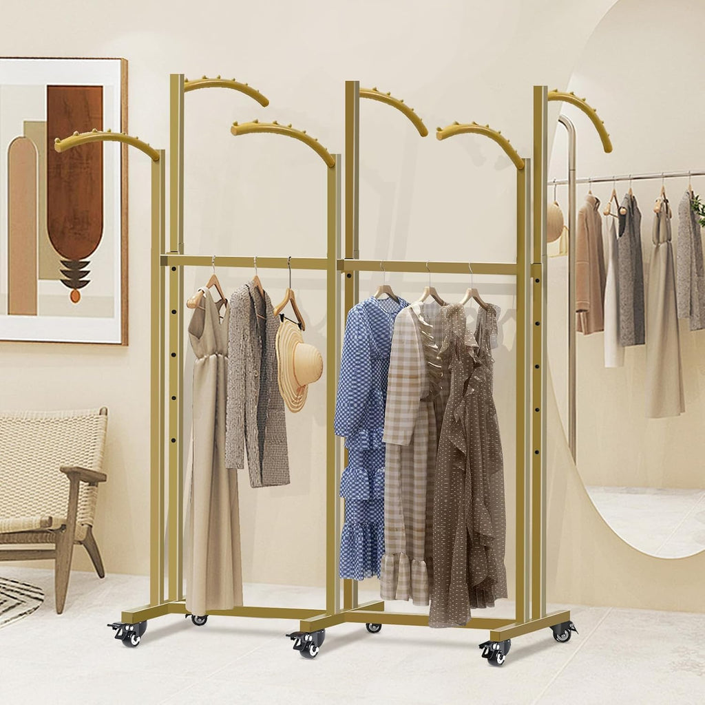 Floor Standing Metal Garment Rack, 6 Arms Clothing Display Rack with Wheels, Heavy Duty 48'' to 67'' Adjustable Height Retail Clothes Rack Rolling Shirt Rack for Hanging Clothes, Gold